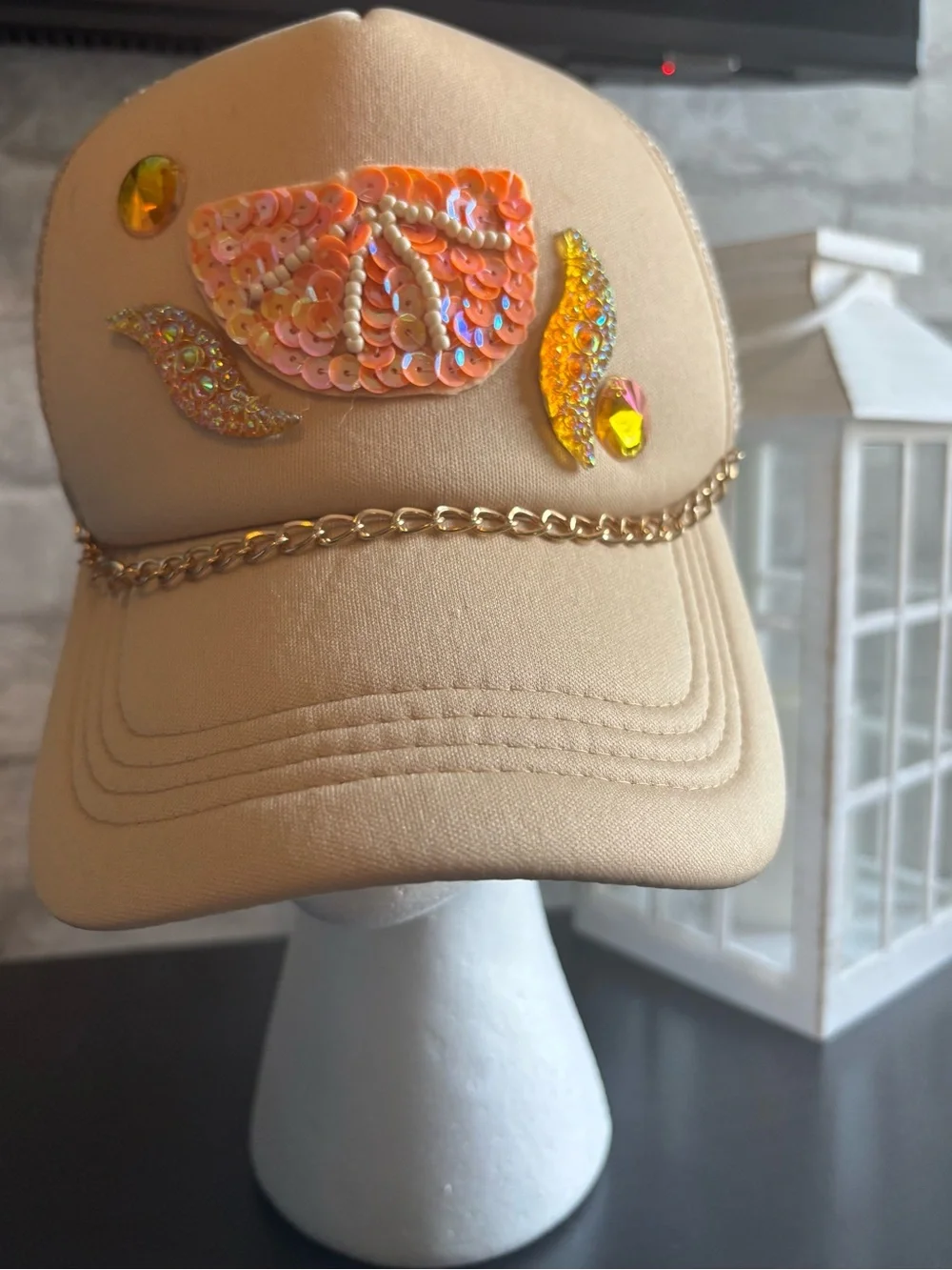 Beige Sequin, Gold Chain Embellished Trucker Cap (Handmade design).